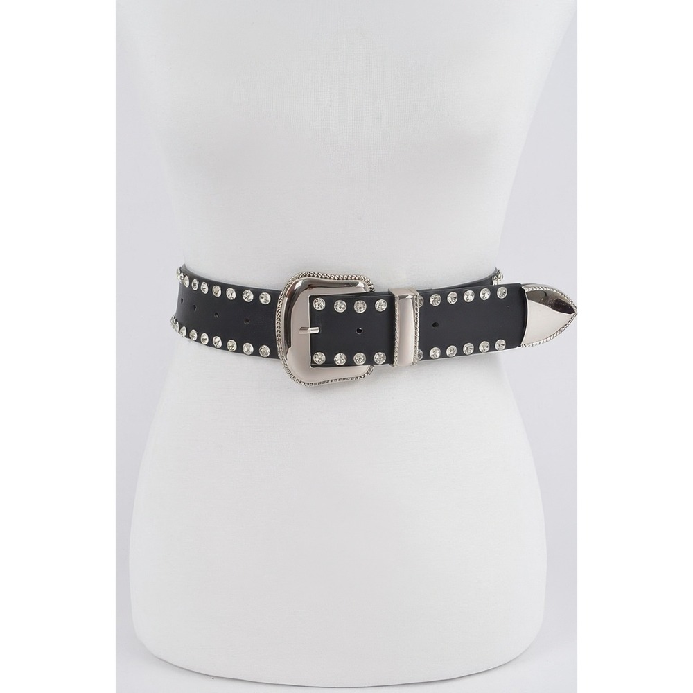 Western Belt Women One Size Black New Rhinestone Studded Buckle